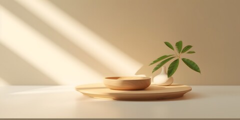 Obraz na płótnie Canvas Two minimal modern wooden round tray podium on white glossy table counter in sunlight