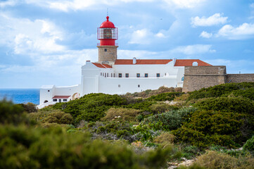 Fototapeta na wymiar Lighthouse of Cabo de São Vicente in Sagres, Portugal on February 27, 2023