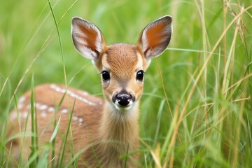 Naklejka na ściany i meble Adorable Baby Deer in Nature: Capturing the Beauty of Wildlife with Generative AI