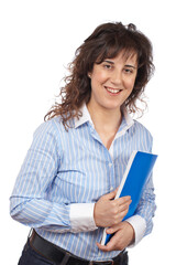 Business woman with notebook over a white background