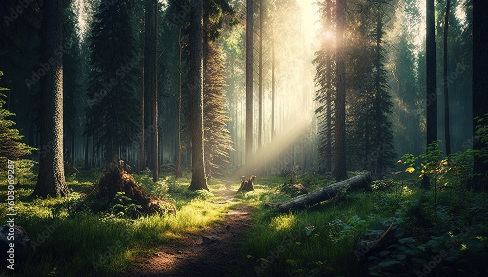 Poster daytime trees in a forest bathed in sunshine generative ai