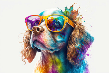 Cartoon colorful dog with sunglasses on white background. Created with generative ai