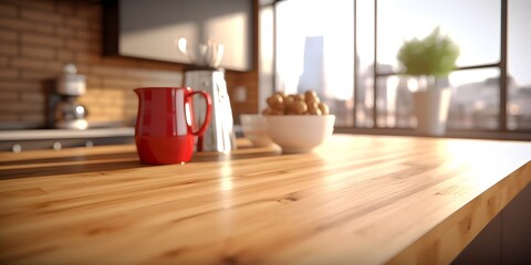 Fototapeta na wymiar Wooden table top on blur kitchen room background,Modern Contemporary kitchen room interior