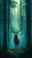 Irish Elk Standing Majestically in a Fantasy Forest. Generative ai