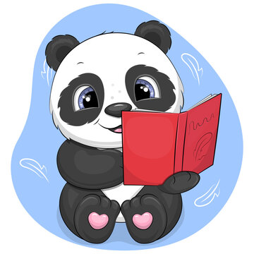 Cute Cartoon Panda Is Reading A Red Book. Vector Illustration Of An Animal On A Blue Background.