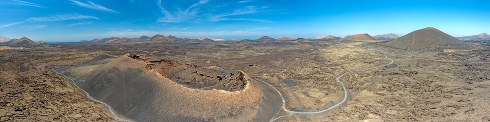 Panoramic drone picture over the barren volcanic Timanfaya National Park on Lanzarote