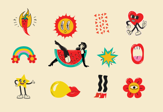 Beautiful young girl with watermellow costume. Hot summer concept for advertising. Poster, sticker templates Vector background in in groovy pin-up pop art retro comic style.