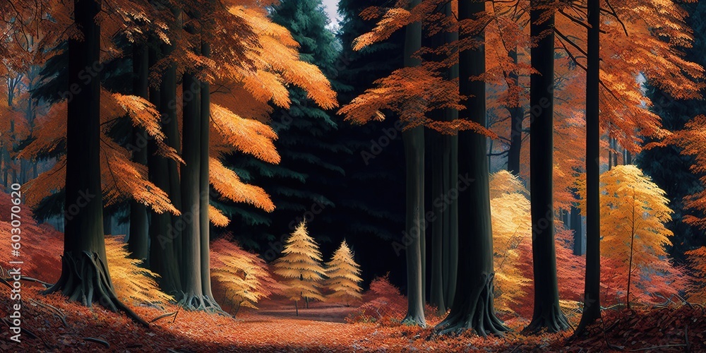 Poster autumn woods with beech and fir trees generative ai
