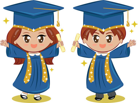 Group Of Cartoon Kids Wearing Graduation Caps And Gowns - HEBSTREITS