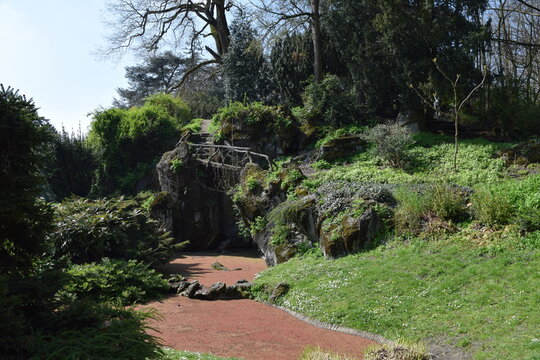 Pond with rock wall in Citadelpark; Belgium; Flanders