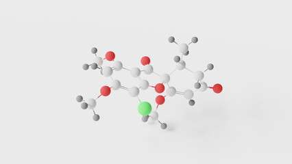 griseofulvin molecule 3d, molecular structure, ball and stick model, structural chemical formula monoterpenoid antifungal medication