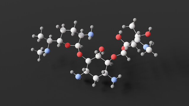 gentamicin molecule, molecular structure, cidomycin, ball and stick 3d model, structural chemical formula with colored atoms
