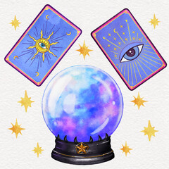 Watercolo magic crystal ball and magic tarot cards
