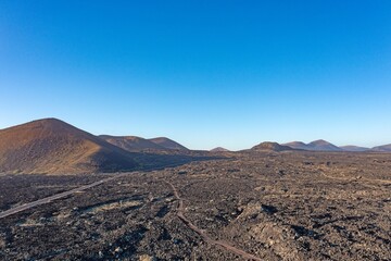 Panoramic drone picture over the barren volcanic Timanfaya National Park on Lanzarote