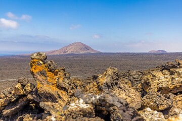 Panoramic view over the barren volcanic Timanfaya National Park on Lanzarote