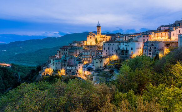 Illuminated Colledimezzo in the evening, beautiful village in Chieti province, Abruzzo, central Italy.