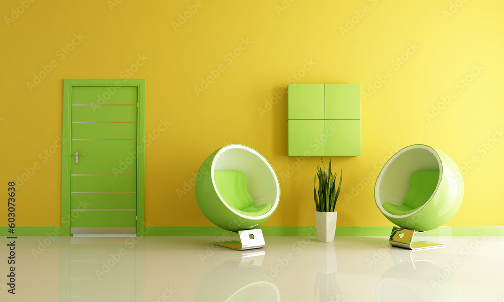 Wall mural green and yellow living room with two fashio armchair