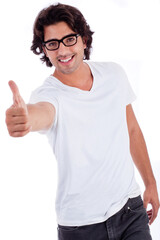 Fototapeta premium Causal man giving thumsup in white background