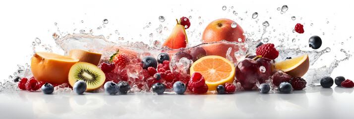 banner. fresh fruits and berries with pieces of ice and splashes of water. on a white background with reflections