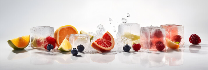 banner. fresh fruits and berries with pieces of ice and splashes of water. on a white background with reflections