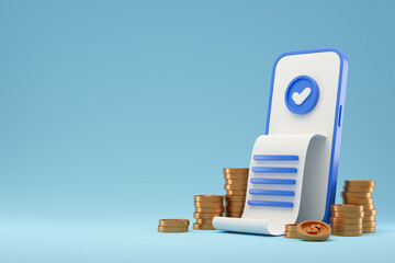 Smartphone with financial receipt and columns of golden coins on a blue background. Payment, finance, mobile application, electronic payments. 3d rendering