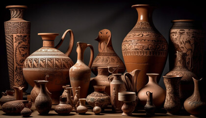 Fototapeta na wymiar Earthenware pottery collection, ancient craftsperson creativity showcased generated by AI