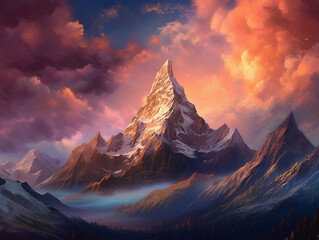 Majestic Mountain Peaks under Starry Night Sky, generative AI