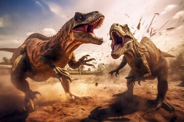 T-Rex and Raptor in an Action-Packed Fight. Generative ai