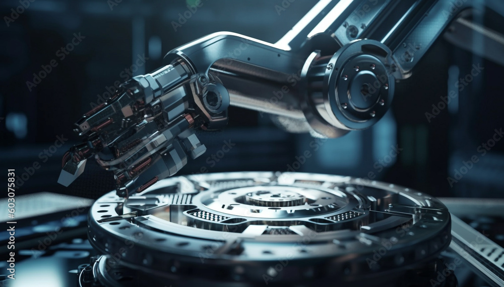 Poster futuristic robotic arm in metallic factory workshop generated by ai