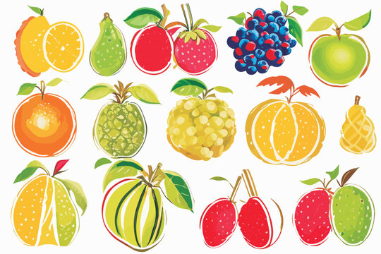 Vector set of exotic fruits and berries (orange, apple, pear, strawberry, grape) with green leaves isolated on a white background. 