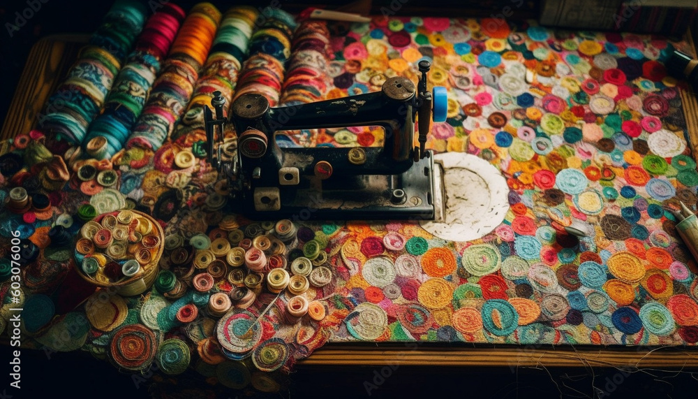 Poster multi colored spools of thread adorn tailor workshop generated by ai