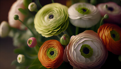 Ranunculus flowers bouquet closeup beautiful lighting background Ai generated image