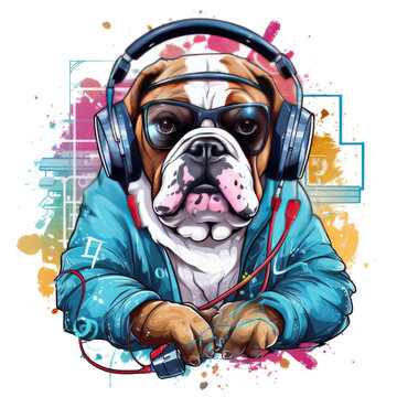 A humorous Physician English Bulldog t-shirt design with the dog wearing a white lab coat and holding a stethoscope to its ear, listening to music instead of a patient's heartbeat, Generative Ai