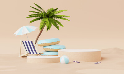 Summer vacation beach abstract background concept, Minimal Realistic Display Podium for Product mock-up or Cosmetics with summer theme, beach umbrella, sand, chairs, inflatable ring. 3d rendering - obrazy, fototapety, plakaty