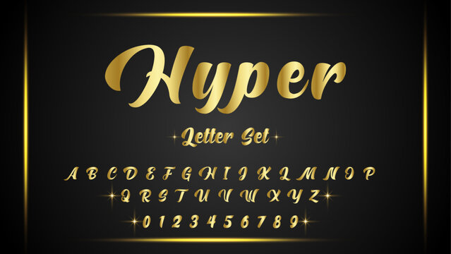 HYPER, Elegant Golden Alphabet Letters Font Set. Classic Custom Gold Lettering Designs For Logo, Movie, Game. Typography Techno Fonts Classic Style, Regular Uppercase And Number. Vector Illustration