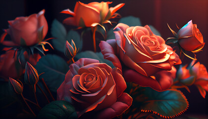 Rose flowers bouquet closeup beautiful lighting background Ai generated image