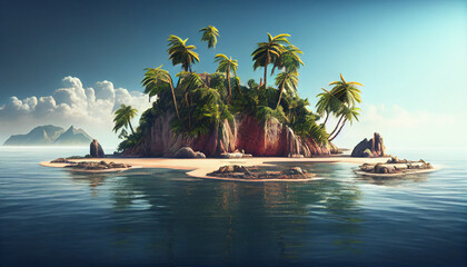 Fototapeta na wymiar Tropical island with palm trees in the sea. Ai generated image