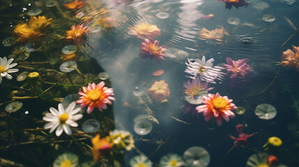 Fototapeta na wymiar Blurry flowers in a pond, top view, Generative Ai
