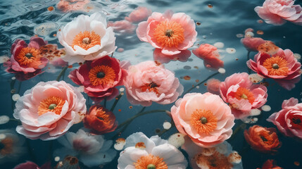 Blooming pink and red poppies in water, top view, Generative AI