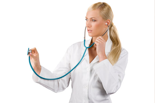 medical doctor woman with stethoscope Isolated over white background in act to visit