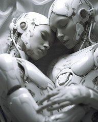 Liebe und Zuneigung zwischen zwei Robotern, Konzept für Ki entwickelt Bewusstsein und Gefühle, Generative AI