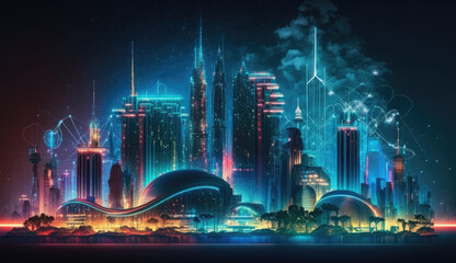 Neon mega city capital towers with futuristic technology background, future modern building virtual reality, night life style concept, digital design, digital technology scene with Generative Ai.