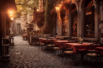 Fototapeta na wymiar A restaurant with tables and chairs on a cobblestone street. Generative AI