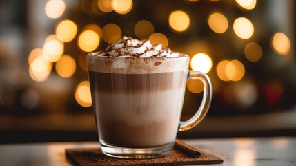 A soft focus image of a cup of hot chocolate with shallow depth of field and blurred surroundings, creating a cozy atmosphere.