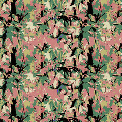 Maple Tree Camouflage Pink Green, Leaves, Seamless Vector Repeating Pattern