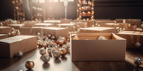 Christmas decorations in the boxes. Copy space