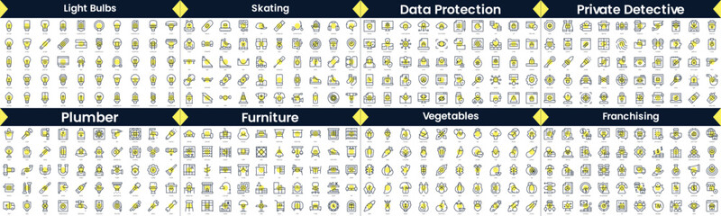Linear Style Icons Pack. In this bundle include light bulbs, skating, data protection, private detective, plumber, furniture, vegetables, franchising