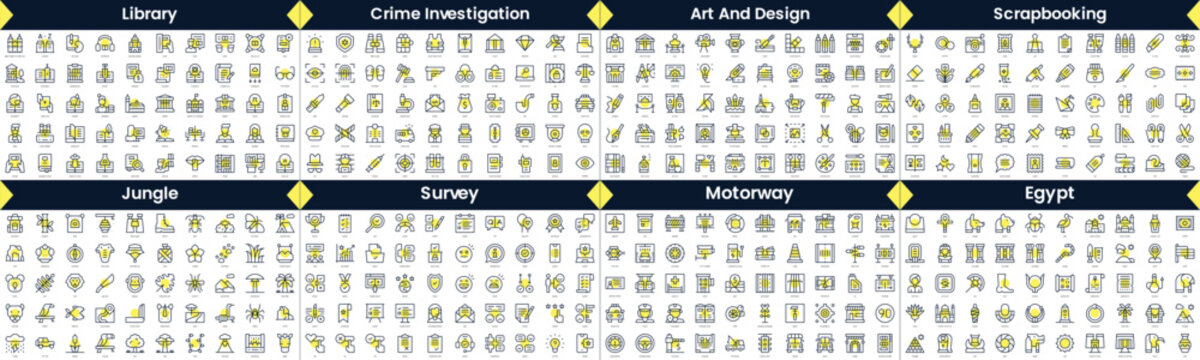 Linear Style Icons Pack. In This Bundle Include Library, Crime Investigation, Art And Design, Scrapbooking, Jungle, Survey, Motorway, Egypt