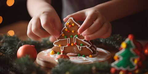 Close up child hands decorating xmas cookie. Festive Christmas cookies - obrazy, fototapety, plakaty