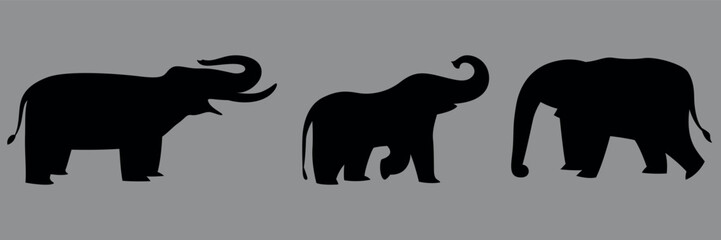 Set of elephant icons. Black silhouette. Vector on white background